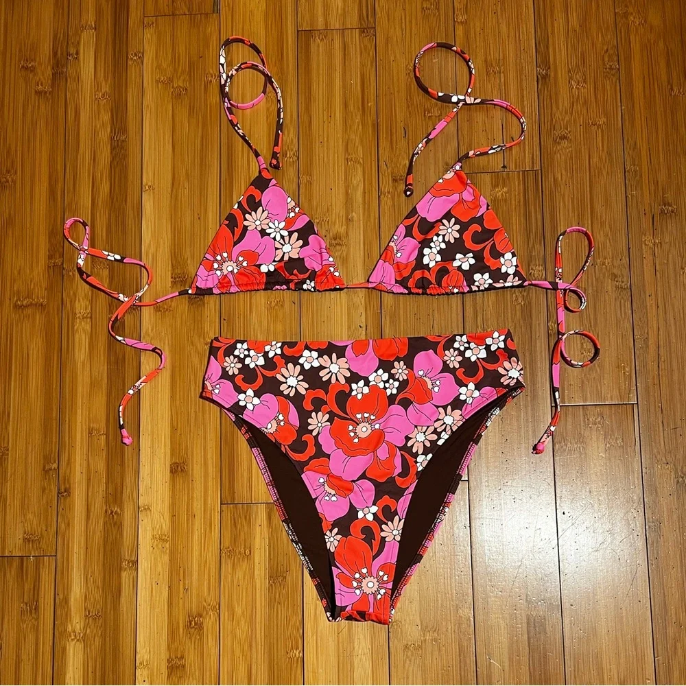 Frankie’s Bikinis Tropics Tia String Bikini Top 2XL Jenna High Waist Bottom XL